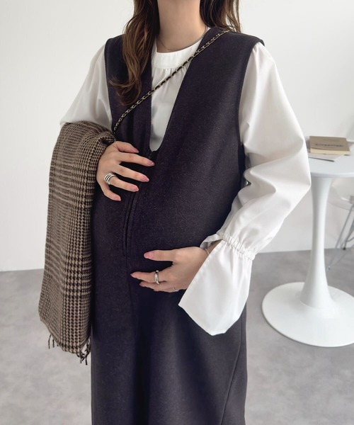 やま　3層ロングタイプ　フリーポケット付き mamaレタス ] 深Vネックロングワンピース（マタニティウェア/グッズ