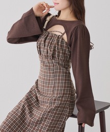 ブラウン系チェック 半袖カットソーワンピース emi+（エミプラス）の「5分袖カットソー切り替えギンガムチェック