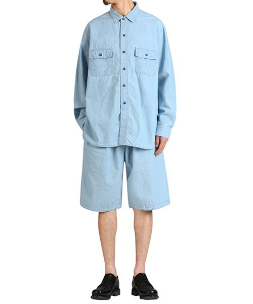 PORTER CLASSIC（ポータークラシック）の「Porter Classic / ポータークラシック：SHAWSHANK CHAMBRAY GATHERED SHORTS：PC-005-3237[COR]（その他パンツ・メンズ・ブルー・3）」の4枚目の写真