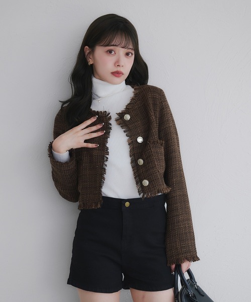 no collar fringe tweed jacket / ノーカラーフリンジツイード