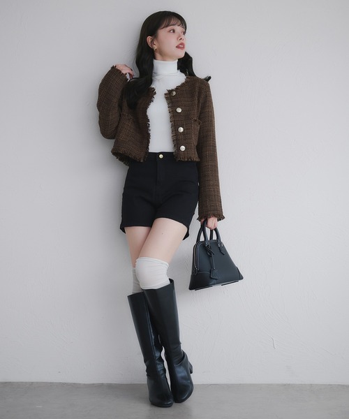 セール】no collar fringe tweed jacket / ノーカラーフリンジツイード
