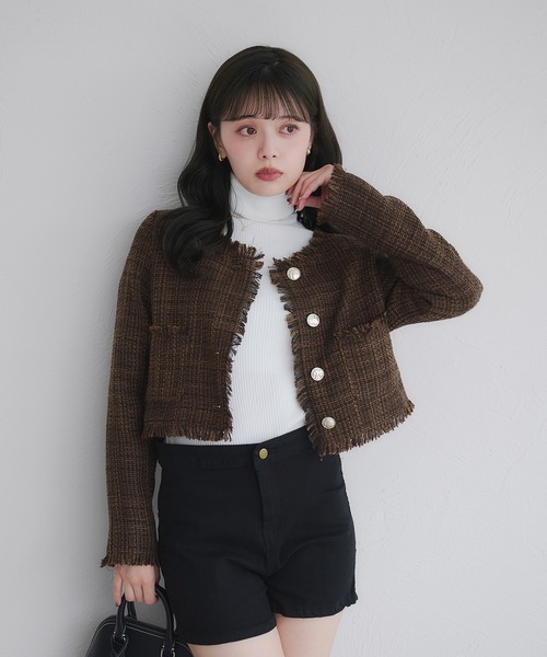 fupel（フぺル）の「no collar fringe tweed jacket / ノーカラー