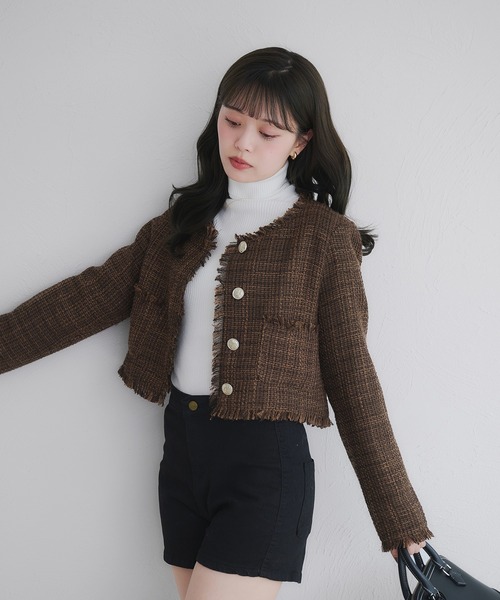 セール】no collar fringe tweed jacket / ノーカラーフリンジツイード
