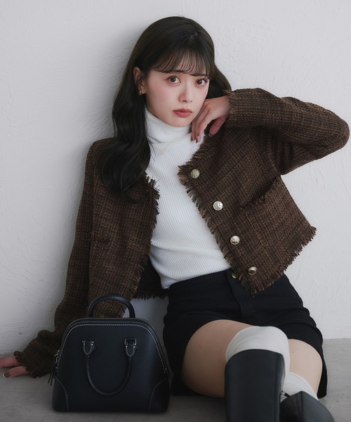 no collar fringe tweed jacket / ノーカラーフリンジツイード