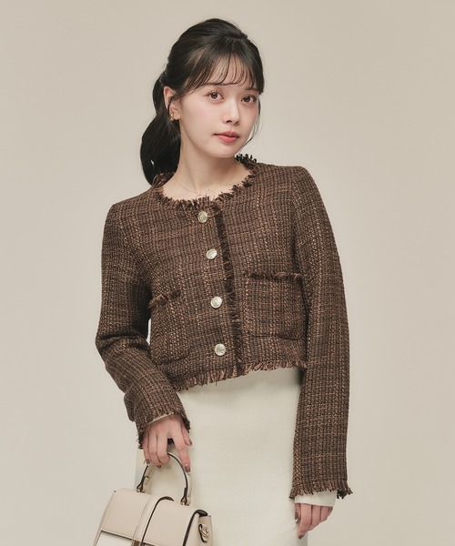 マルニ　ツイードジャケット　ノーカラー　フリンジ　モヘア混　ブラウン×グリーン fupel（フぺル）の「no collar fringe tweed jacket / ノーカラー
