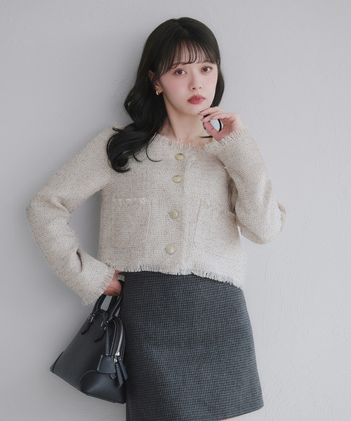 セール】no collar fringe tweed jacket / ノーカラーフリンジツイード