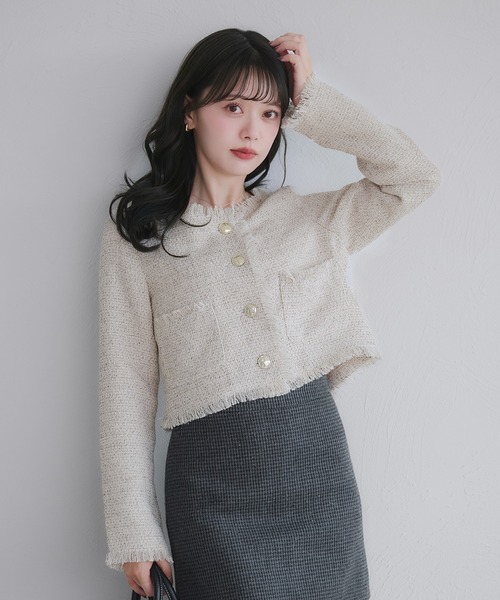 no collar fringe tweed jacket / ノーカラーフリンジツイード