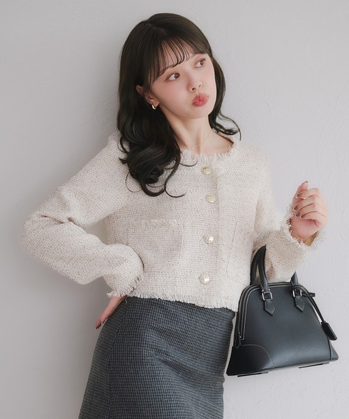 no collar fringe tweed jacket / ノーカラーフリンジツイード