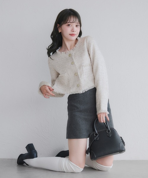 no collar fringe tweed jacket / ノーカラーフリンジツイード