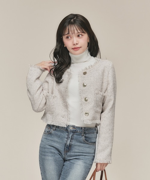 no collar fringe tweed jacket / ノーカラーフリンジツイード