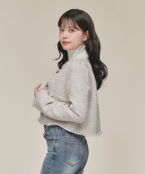 no collar fringe tweed jacket / ノーカラーフリンジツイード