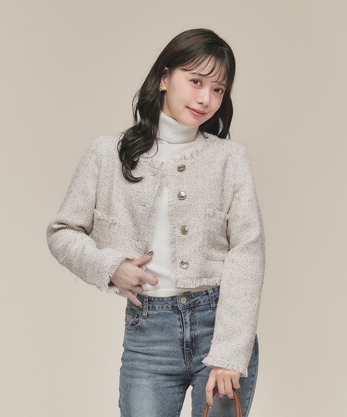 no collar fringe tweed jacket / ノーカラーフリンジツイード