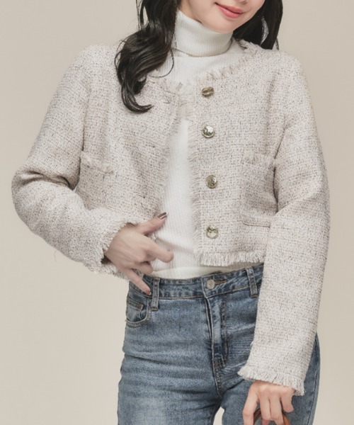 セール】no collar fringe tweed jacket / ノーカラーフリンジツイード
