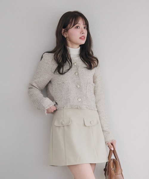 セール】no collar fringe tweed jacket / ノーカラーフリンジツイード