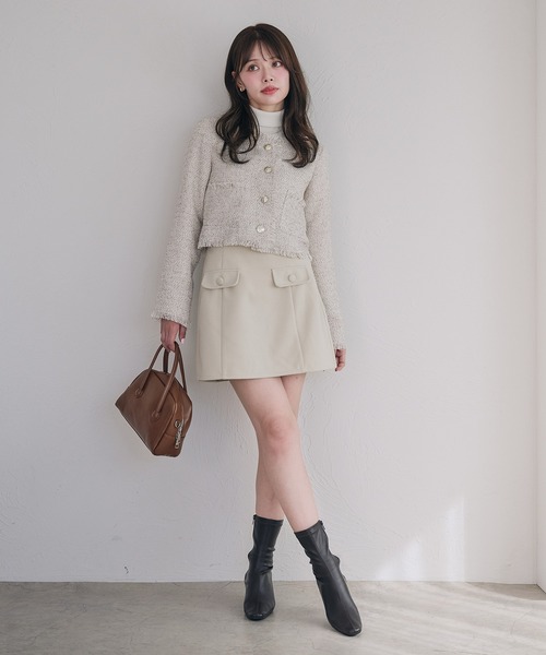 no collar fringe tweed jacket / ノーカラーフリンジツイード