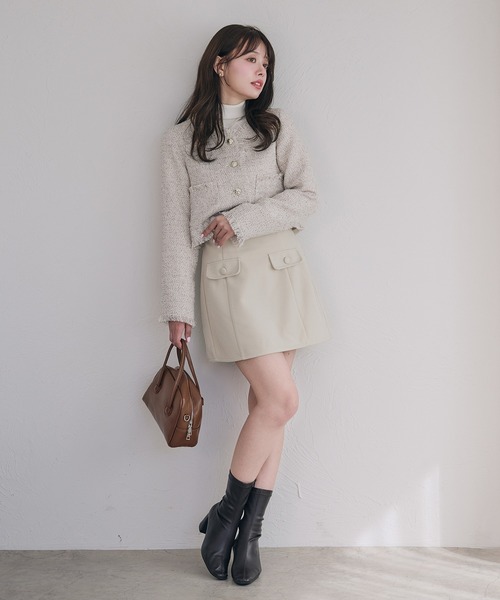 no collar fringe tweed jacket / ノーカラーフリンジツイード