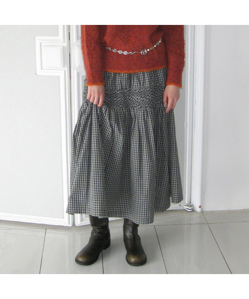 Sinoon Smocking Flared Skirt (Navy)