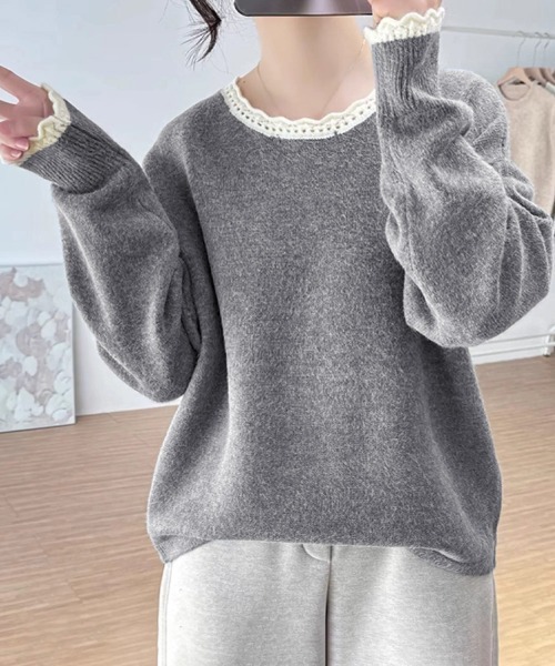 Miniministore(ミニミニストア)の「配色ニットプルオーバーラウンドネック秋服(ニット/セーター・レディース・グレー/ブラック/イエロー/ワインレッド/ライトグレー・FREE)」の1枚目の写真