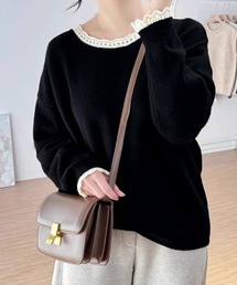配色ニットプルオーバーラウンドネック秋服