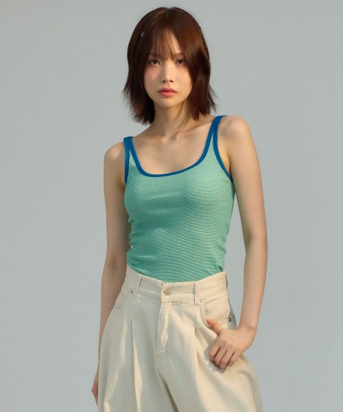 UNKNOWN PLANET(アンノウンプラネット)の「配色ストライプノースリーブトップ グリーン(Tシャツ/カットソー・レディース・その他・FREE)」の1枚目の写真