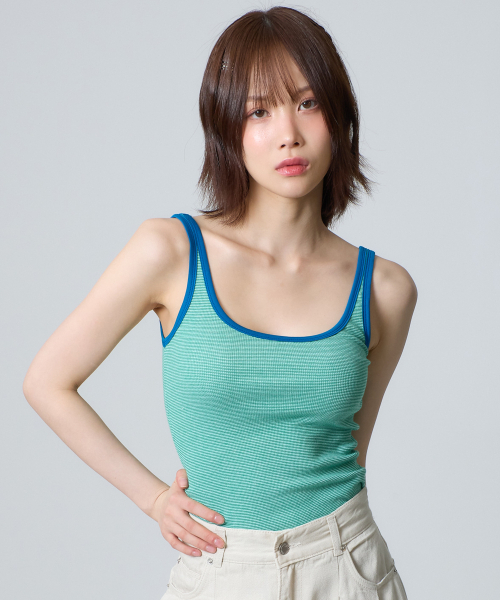 UNKNOWN PLANET(アンノウンプラネット)の「配色ストライプノースリーブトップ グリーン(Tシャツ/カットソー・レディース・その他・FREE)」の2枚目の写真