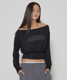 TINA SHIRRING BOAT-NECK LONG-SL T - BLACK