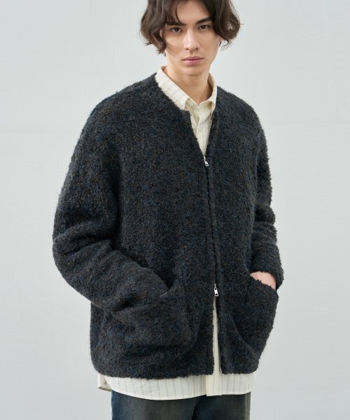 Loose fit wool bulk knit джип‑ап кардиган [SPACE BLUE]