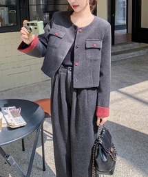 Diosfront（ディオスフロント）の「袖配色ショート丈ノーカラージャケットセットアップ（セットアップ）」