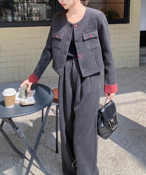 Diosfront（ディオスフロント）の「袖配色ショート丈ノーカラージャケットセットアップ（セットアップ・レディース・チャコールグレー・M/S/L）」の8枚目の写真