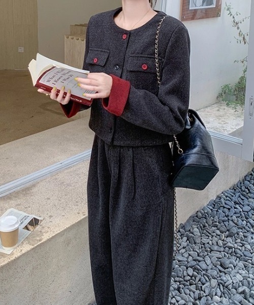 Diosfront（ディオスフロント）の「袖配色ショート丈ノーカラージャケットセットアップ（セットアップ・レディース・チャコールグレー・M/S/L）」の9枚目の写真