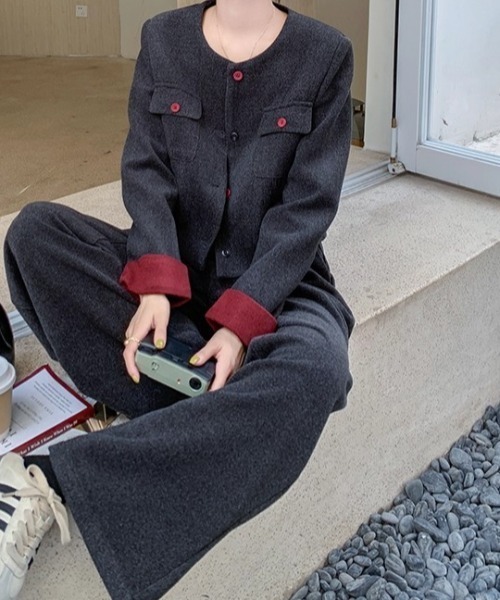 Diosfront（ディオスフロント）の「袖配色ショート丈ノーカラージャケットセットアップ（セットアップ・レディース・チャコールグレー・M/S/L）」の14枚目の写真