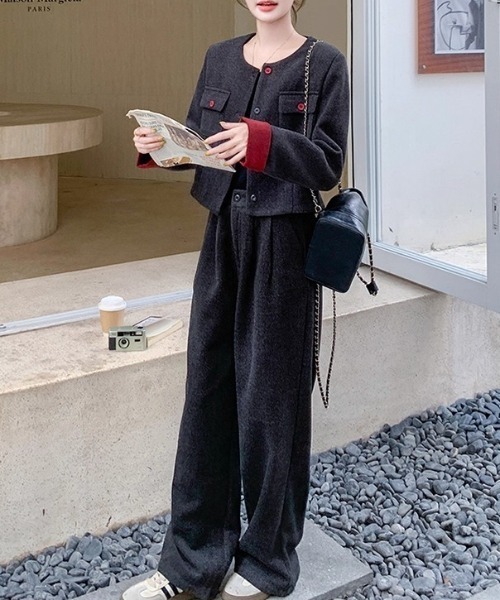 Diosfront（ディオスフロント）の「袖配色ショート丈ノーカラージャケットセットアップ（セットアップ・レディース・チャコールグレー・M/S/L）」の15枚目の写真