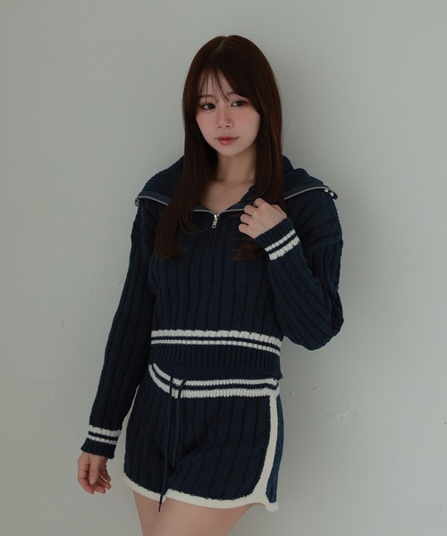 M DOLLY(エムドリー)の「line oliva knit set up/ラインオリーヴァニットセットアップ(セットアップ・レディース・ネイビー/アイボリー・FREE)」の9枚目の写真