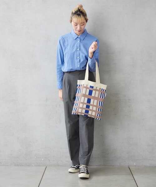 BIRTHDAY BAR（バースデイバー）の「ニットパターンワイドチェックバッグ（トートバッグ・レディース・グリーン/ブルー/グレー/アイボリー・0）」の6枚目の写真