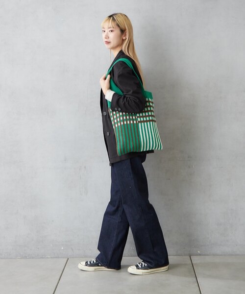 BIRTHDAY BAR（バースデイバー）の「ニットパターンワイドチェックバッグ（トートバッグ・レディース・グリーン/ブルー/グレー/アイボリー・0）」の21枚目の写真