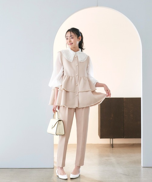 ストレッチ ｜ ツイード ティアード ペプラム ジレ ＆ テーパード