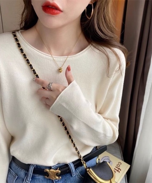 Beststore（ベストストア）の「ふんわり柔らかラウンドネック カットソーニットトップス（ニット/セーター・レディース・ホワイト/ブラック/ライトベージュ/ライトピンク/グレー/ベージュ・FREE）」の2枚目の写真