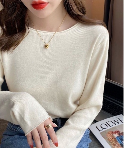 Beststore（ベストストア）の「ふんわり柔らかラウンドネック カットソーニットトップス（ニット/セーター・レディース・ホワイト/ブラック/ライトベージュ/ライトピンク/グレー/ベージュ・FREE）」の7枚目の写真