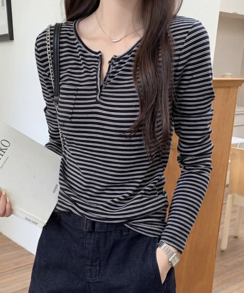 yuue' ( wear )(ユーイ)の「ボーダー柄ヘンリーネックロングTシャツ(Tシャツ/カットソー・レディース・アイボリー/ブラック・FREE)」の2枚目の写真
