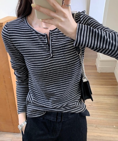 yuue' ( wear )(ユーイ)の「ボーダー柄ヘンリーネックロングTシャツ(Tシャツ/カットソー・レディース・アイボリー/ブラック・FREE)」の18枚目の写真