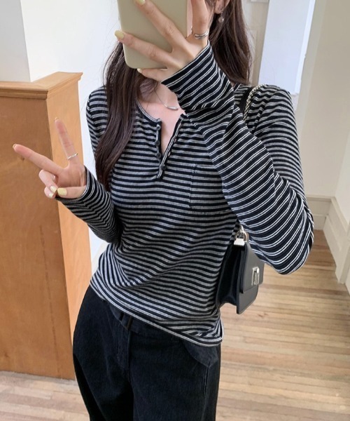 yuue' ( wear )(ユーイ)の「ボーダー柄ヘンリーネックロングTシャツ(Tシャツ/カットソー・レディース・アイボリー/ブラック・FREE)」の16枚目の写真