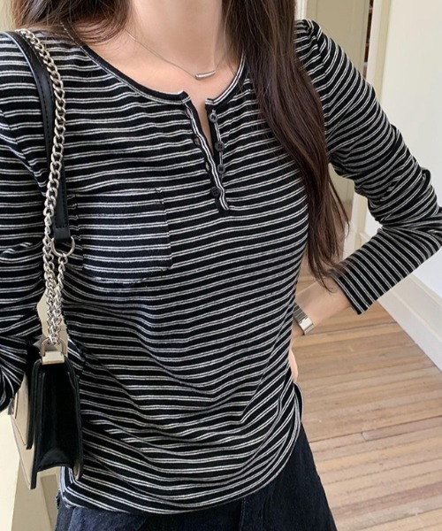 yuue' ( wear )(ユーイ)の「ボーダー柄ヘンリーネックロングTシャツ(Tシャツ/カットソー・レディース・アイボリー/ブラック・FREE)」の14枚目の写真
