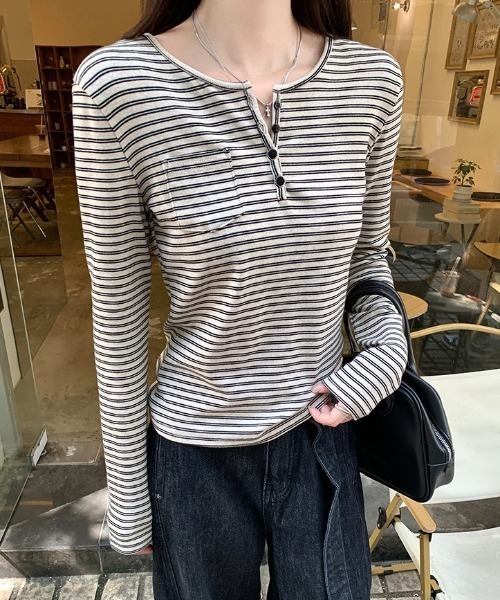 yuue' ( wear )(ユーイ)の「ボーダー柄ヘンリーネックロングTシャツ(Tシャツ/カットソー・レディース・アイボリー/ブラック・FREE)」の22枚目の写真