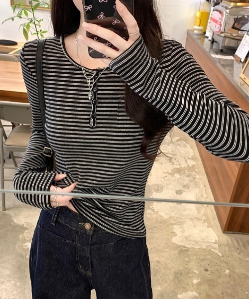 yuue' ( wear )(ユーイ)の「ボーダー柄ヘンリーネックロングTシャツ(Tシャツ/カットソー・レディース・アイボリー/ブラック・FREE)」の13枚目の写真