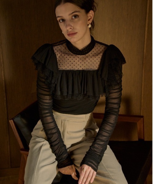 ERADIE(エラディエ)の「Dot Tulle Stretch Top ドットチュールストレッチTOP(その他トップス・レディース・ブラック/アイボリー・FREE)」の1枚目の写真