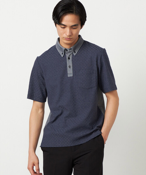 COMME CA ISM（コムサイズム）の「【吸水速乾】市松ジャカード ポロシャツ（ポロシャツ・メンズ・チャコール/ネイビー/ブラック/ブルー・MEDIUM/LARGE）」の4枚目の写真