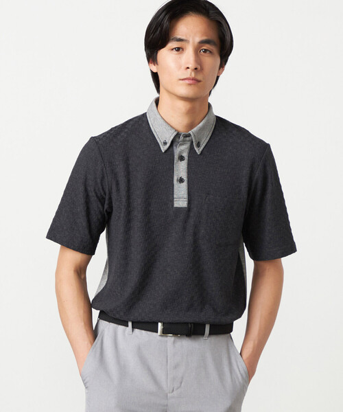 COMME CA ISM（コムサイズム）の「【吸水速乾】市松ジャカード ポロシャツ（ポロシャツ・メンズ・チャコール/ネイビー/ブラック/ブルー・MEDIUM/LARGE）」の2枚目の写真