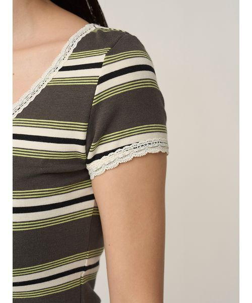 SNIDEL（スナイデル）の「【WEB限定カラーあり】レースデザインヘンリーネックTシャツ（Tシャツ/カットソー・レディース・ダークネイビー/ホワイト/カーキ/ネイビー・F）」の13枚目の写真