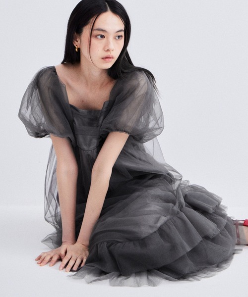 ANDRESD フラワープリント パフスリーブドレス M ボリュームチュールパフスリーブドレス / volume tulle puff sleeve