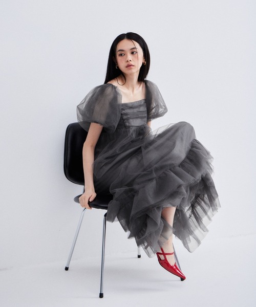 ボリュームチュールパフスリーブドレス / volume tulle puff sleeve